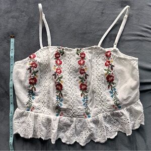 White Red Embellished Ruffled Camisole Crop Top